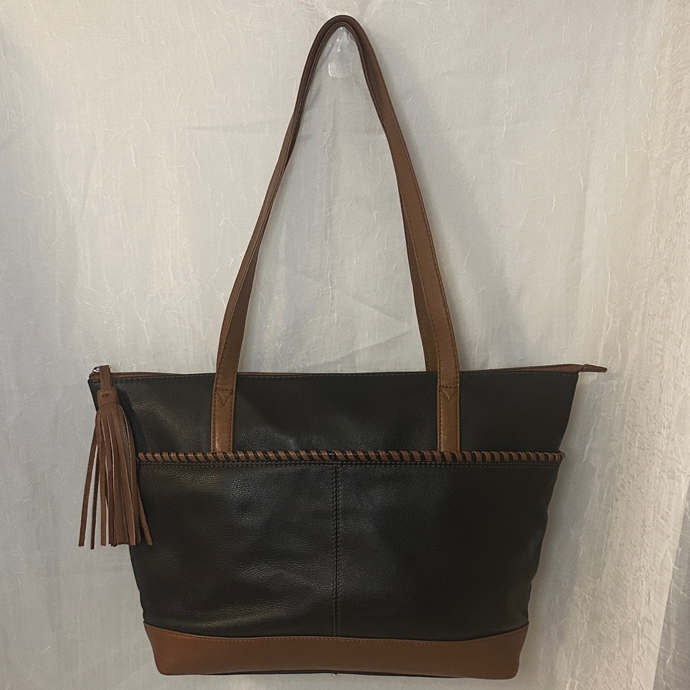 ili New York Black and Brown Leather Tote Bag